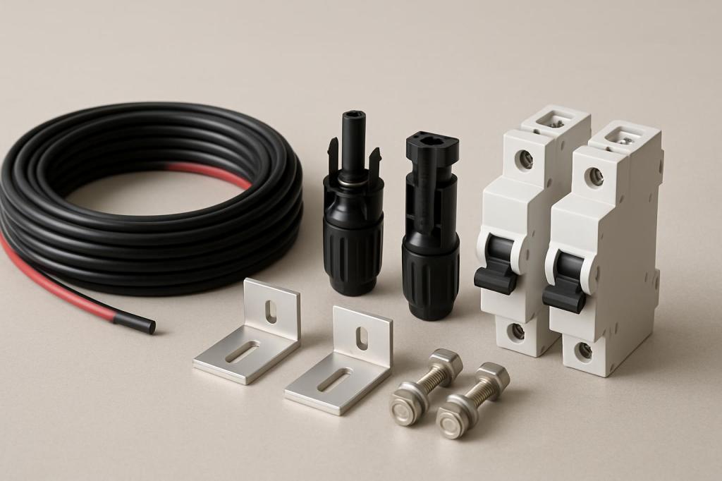*Mounting Hardware, Connectors & Cables Set.* [Full Alt Text: Stack of electrical components.]